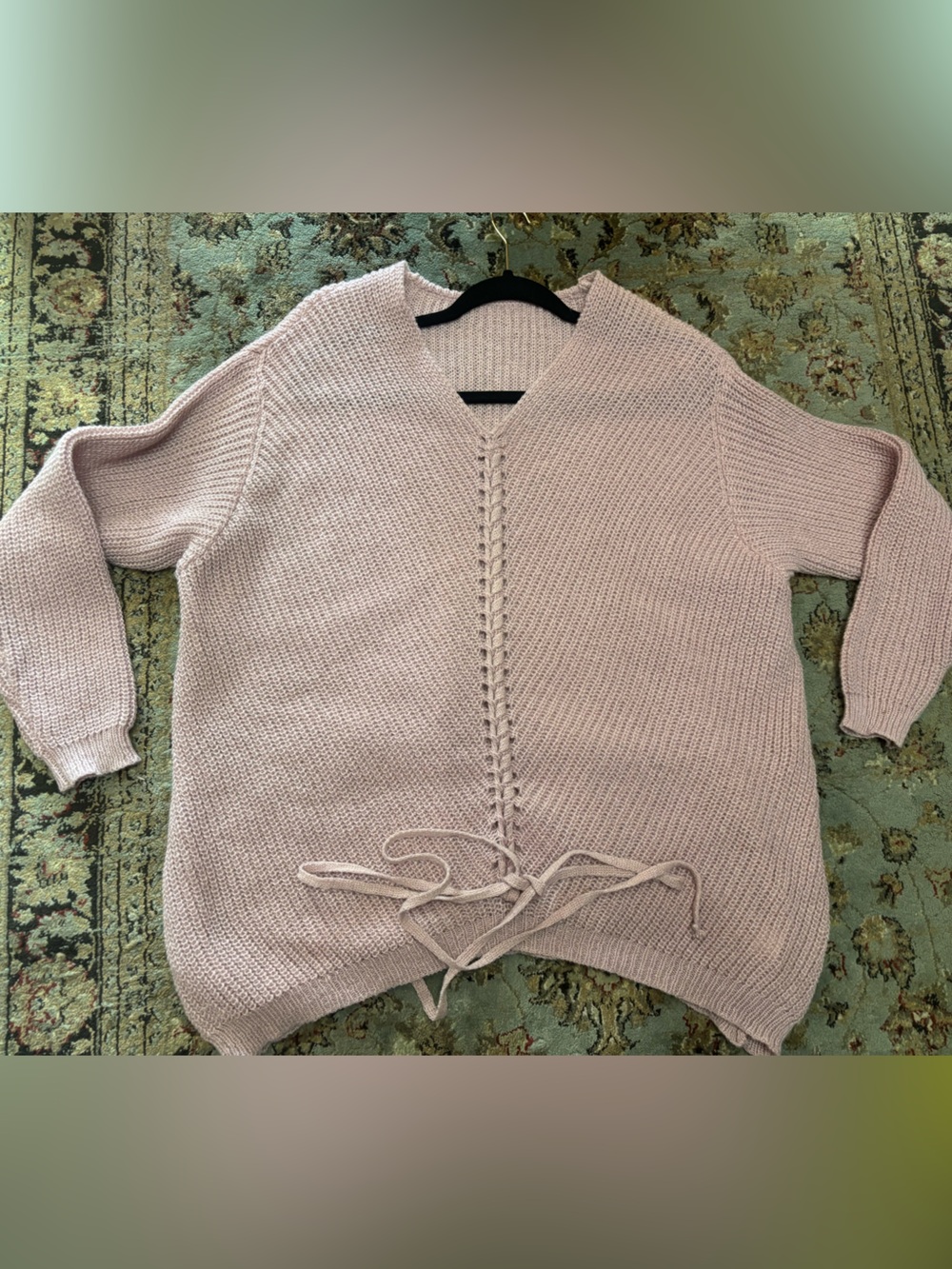 Women's Light Mauve Knit V-Neck Sweater with Tie Waist